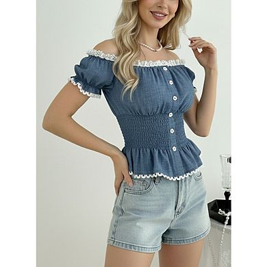 Women's Pleated Waisted Blouse Slim Fitting Short Sleeved Tops Lace Off Shoulder Stylish