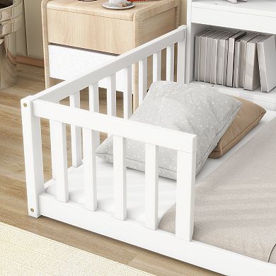 Pnronnc Floor Bed No Slats Montessori Bed with Bedside Bookcase, Shelves, Guardrails