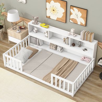 Pnronnc Floor Bed No Slats Montessori Bed with Bedside Bookcase, Shelves, Guardrails