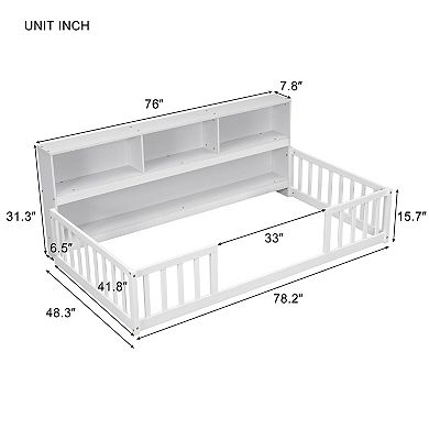Pnronnc Floor Bed No Slats Montessori Bed with Bedside Bookcase, Shelves, Guardrails