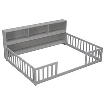 Pnronnc Floor Bed No Slats Montessori Bed with Bedside Bookcase, Shelves, Guardrails