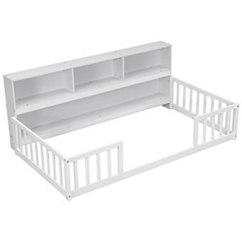 Pnronnc Floor Bed No Slats Montessori Bed with Bedside Bookcase, Shelves, Guardrails
