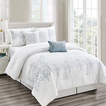 Elegant White & Aqua Embroidered Comforter Set Soft, Modern Floral Bedding