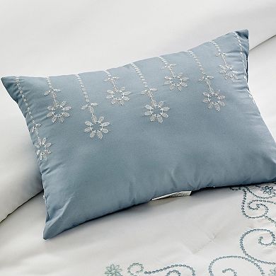 Elegant White & Aqua Embroidered Comforter Set Soft, Modern Floral Bedding