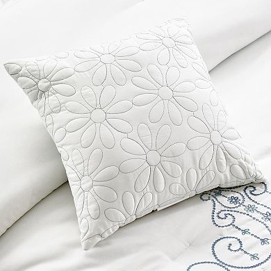 Elegant White & Aqua Embroidered Comforter Set Soft, Modern Floral Bedding