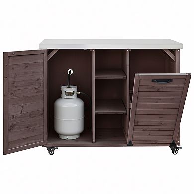Pnronnc Outdoor Kitchen Cart with Foldable Grill Table, Wooden Bar Cart with Pull-out Trash Can