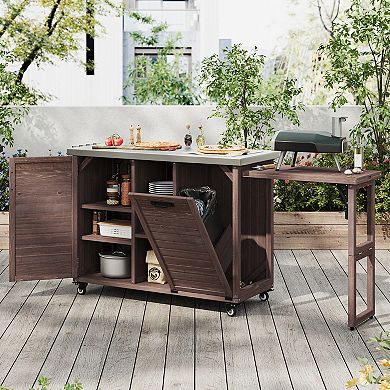 Pnronnc Outdoor Kitchen Cart with Foldable Grill Table, Wooden Bar Cart with Pull-out Trash Can
