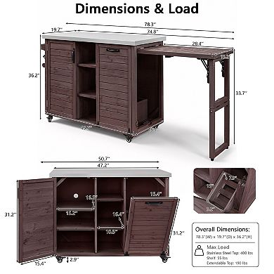 Pnronnc Outdoor Kitchen Cart with Foldable Grill Table, Wooden Bar Cart with Pull-out Trash Can