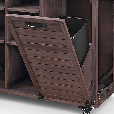 Pnronnc Outdoor Kitchen Cart with Foldable Grill Table, Wooden Bar Cart with Pull-out Trash Can