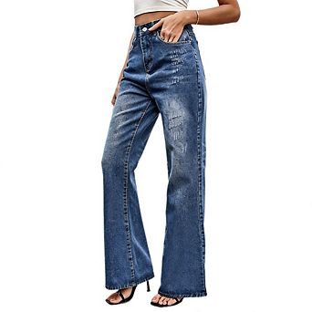 Womens Flare Jeans High Waisted Wide Leg Baggy Jean Causal Work Denim Pants