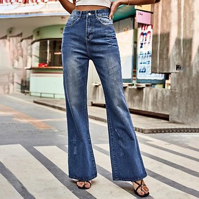 Womens Flare Jeans High Waisted Wide Leg Baggy Jean Causal Work Denim Pants