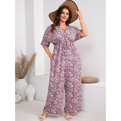 Women's Plus Size Jumpsuit Tie Waist Wide Leg Outfits with Pockets