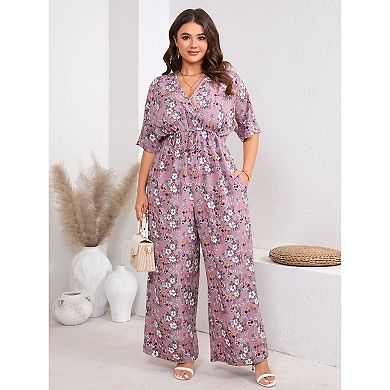 Women's Plus Size Jumpsuit Tie Waist Wide Leg Outfits with Pockets