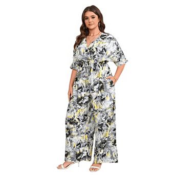 Women's Plus Size Jumpsuit Tie Waist Wide Leg Outfits with Pockets