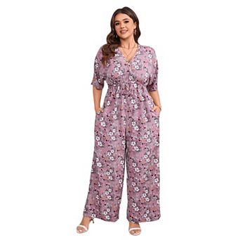 Women's Plus Size Jumpsuit Tie Waist Wide Leg Outfits with Pockets