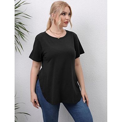 Women's Swing Flare Split Basic Loose Tunic Tops Plus Size Casual Crew Neck Short Sleeve T Shirt