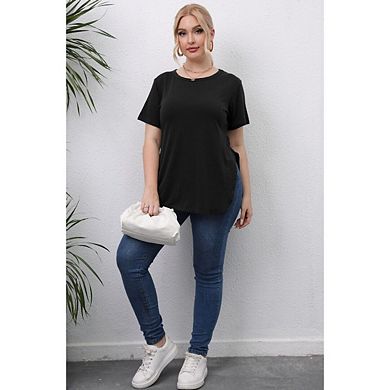 Women's Swing Flare Split Basic Loose Tunic Tops Plus Size Casual Crew Neck Short Sleeve T Shirt