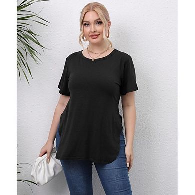 Women's Swing Flare Split Basic Loose Tunic Tops Plus Size Casual Crew Neck Short Sleeve T Shirt