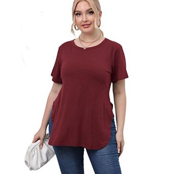 Women's Swing Flare Split Basic Loose Tunic Tops Plus Size Casual Crew Neck Short Sleeve T Shirt