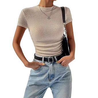 Womens Waffle Knit Blouses Short Sleeve T-Shirts Crew Neck Casual Loose Tops