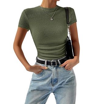 Womens Waffle Knit Blouses Short Sleeve T-Shirts Crew Neck Casual Loose Tops