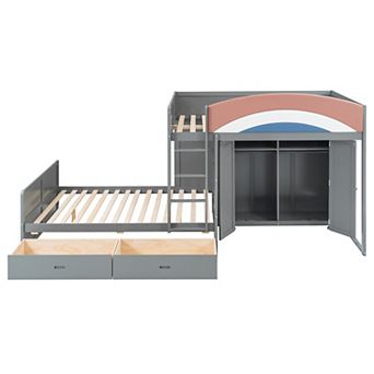 Pnronnc Full Size Offset Bunk Bed wWardrobe, Drawers, Upholstered Guardrail and Built-in Hanging Rod