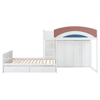 Pnronnc Full Size Offset Bunk Bed wWardrobe, Drawers, Upholstered Guardrail and Built-in Hanging Rod