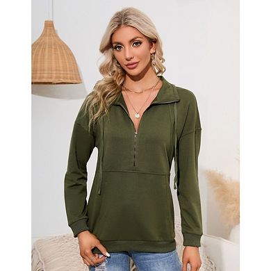 Women's Loose Pullover Tops Casual Long Sleeve Lapel Zipper Sweatshirt Drawstring Style