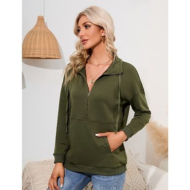 Women's Loose Pullover Tops Casual Long Sleeve Lapel Zipper Sweatshirt Drawstring Style
