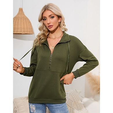 Women's Loose Pullover Tops Casual Long Sleeve Lapel Zipper Sweatshirt Drawstring Style