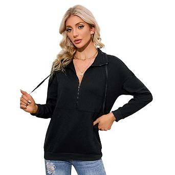 Women's Loose Pullover Tops Casual Long Sleeve Lapel Zipper Sweatshirt Drawstring Style