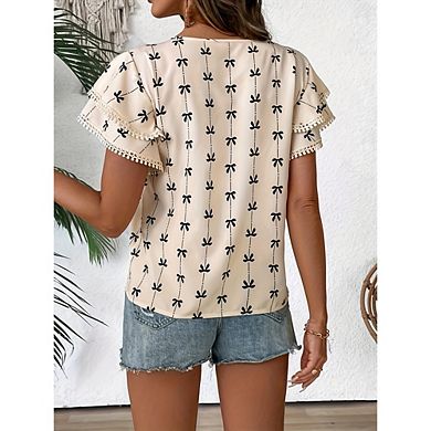 Womens Ruffle Sleeve Blouse Elegant Cute Short Sleeve Top