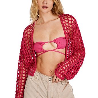 Women's Crochet Mesh Knit Cardigan Hollow Out Long Sleeve Crop Top See Through Front Open Front