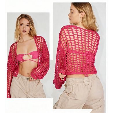 Women's Crochet Mesh Knit Cardigan Hollow Out Long Sleeve Crop Top See Through Front Open Front