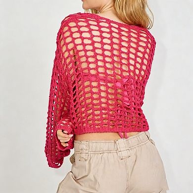 Women's Crochet Mesh Knit Cardigan Hollow Out Long Sleeve Crop Top See Through Front Open Front