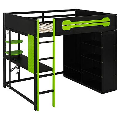 Pnronnc 3-in-1 Gaming Loft Frame Platform Bed with Desk, Open Wardrobe and RGB Light, Full Size
