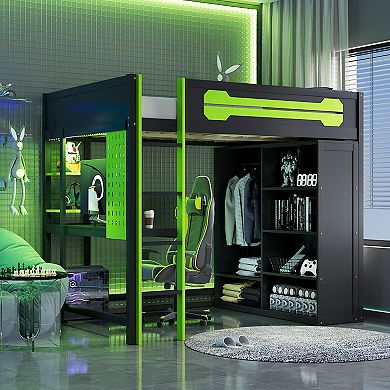 Pnronnc 3-in-1 Gaming Loft Frame Platform Bed with Desk, Open Wardrobe and RGB Light, Full Size