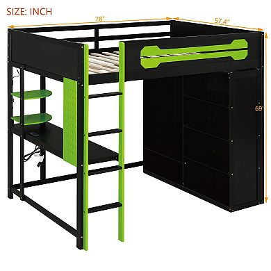 Pnronnc 3-in-1 Gaming Loft Frame Platform Bed with Desk, Open Wardrobe and RGB Light, Full Size