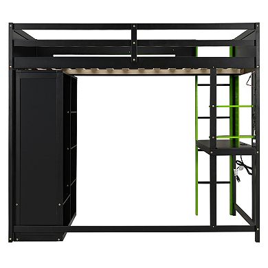 Pnronnc 3-in-1 Gaming Loft Frame Platform Bed with Desk, Open Wardrobe and RGB Light, Full Size