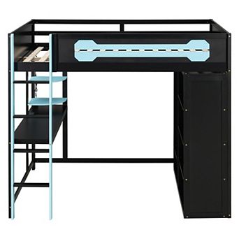 Pnronnc 3-in-1 Gaming Loft Frame Platform Bed with Desk, Open Wardrobe and RGB Light, Full Size