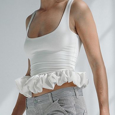 Women's Sleeveless Peplum Tank Top Scoop Neck Ruffle Bubble Hem Backless Patchwork Top