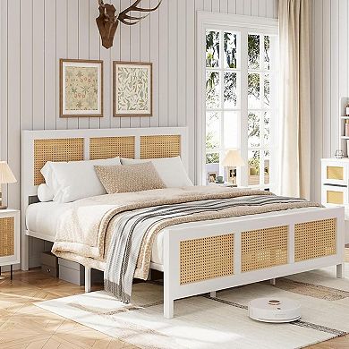 Full/Queen/King Size Modern Rattan Bed Frame,Metal Platform with Headboard,Bohemian Style,Noise-Free