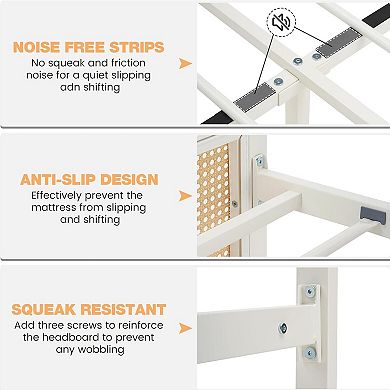 Full/Queen/King Size Modern Rattan Bed Frame,Metal Platform with Headboard,Bohemian Style,Noise-Free