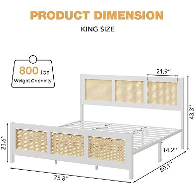 Full/Queen/King Size Modern Rattan Bed Frame,Metal Platform with Headboard,Bohemian Style,Noise-Free