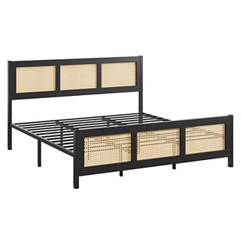 Full/Queen/King Size Modern Rattan Bed Frame,Metal Platform with Headboard,Bohemian Style,Noise-Free