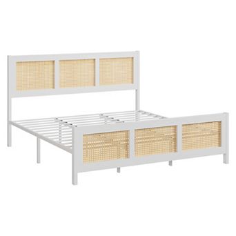 Full/Queen/King Size Modern Rattan Bed Frame,Metal Platform with Headboard,Bohemian Style,Noise-Free