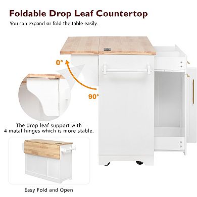 Pnronnc Rolling Kitchen Island Carts with Organizers, Drop Leaf, Trash Can, Power Outlet, Spice Rack