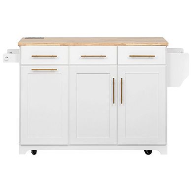 Pnronnc Rolling Kitchen Island Carts with Organizers, Drop Leaf, Trash Can, Power Outlet, Spice Rack