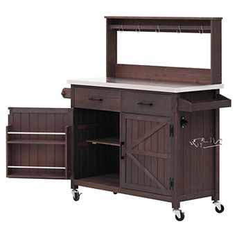 Pnronnc Rolling Kitchen Island Carts with Organizers, Drop Leaf, Trash Can, Power Outlet, Spice Rack