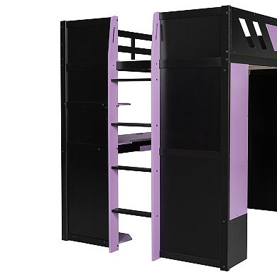 Pnronnc All-in-One Gaming Bed Loft Frame Full Size Bed with Bookcase, Blackout Curtains & RGB Lights